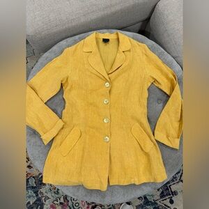 STAPLES 100% Linen Mustard Yellow Women's Blazer Jacket Mother of Pearl Buttons